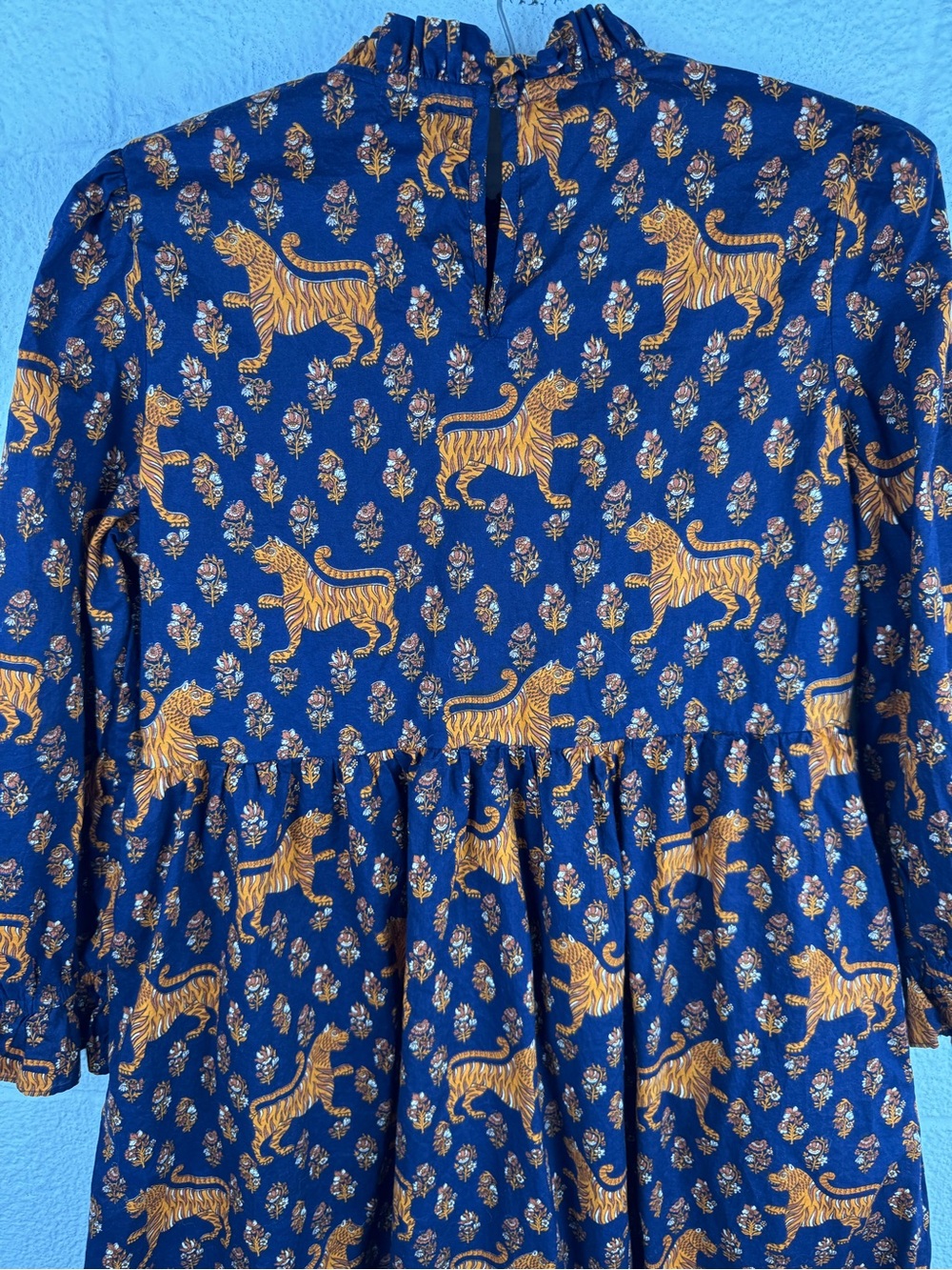 Pink City Prints Tiger Block Print Cotton Midi Dress Ruffle Neck India Size M - Picture 8 of 13